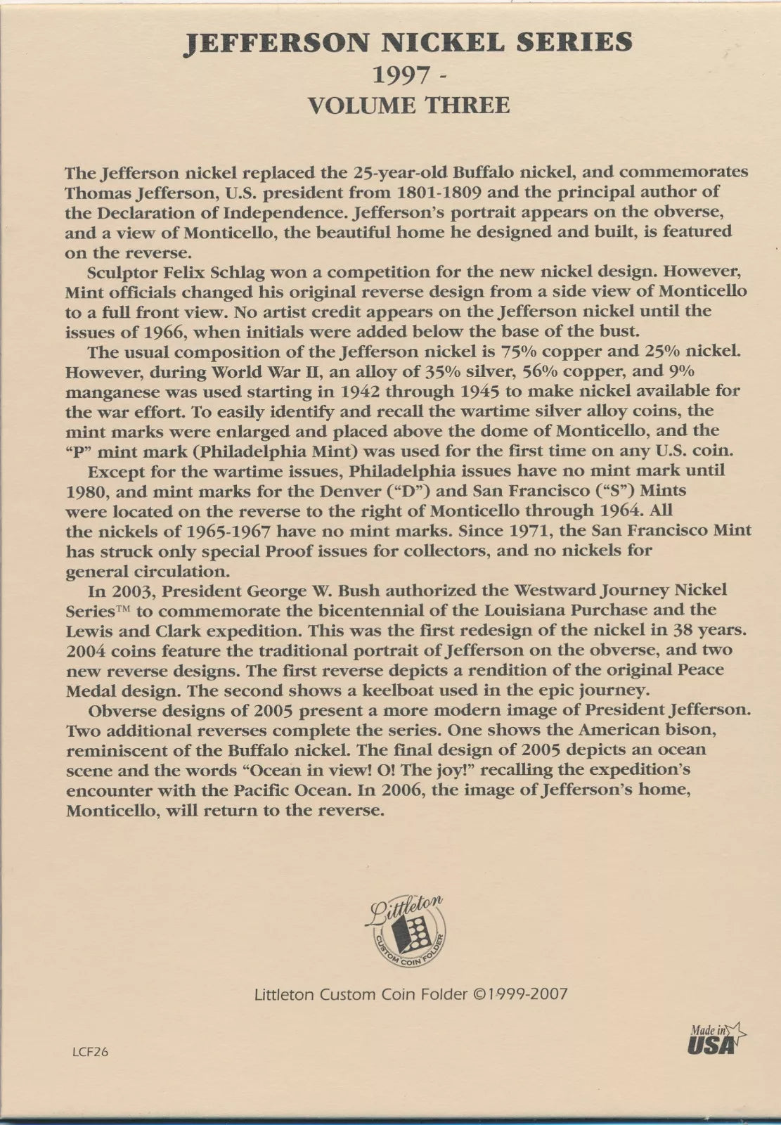 Littleton Folder: Jefferson Nickels 1997- LCF26