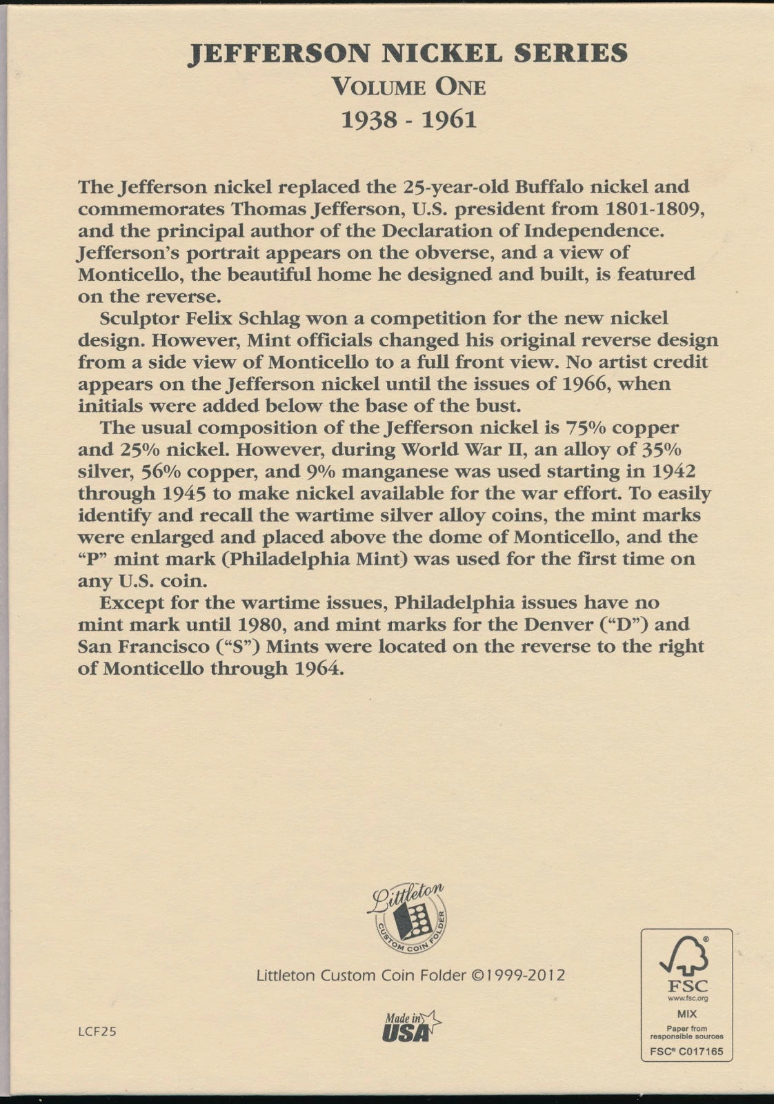 Littleton Folder: Jefferson Nickels 1938-1961 LCF25