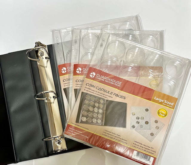 BCW 3" Binder INCLUDES - 6 Guardhouse Large or Model H Coin Capsule Pages