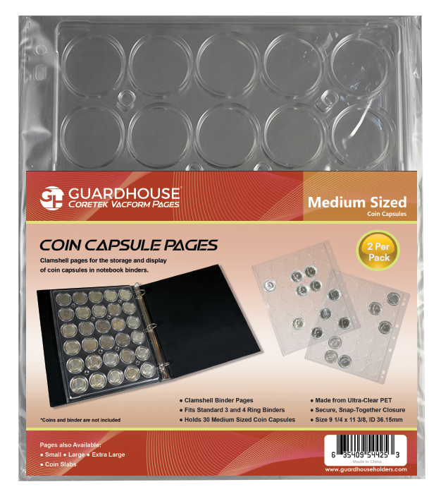 BCW 3" Binder INCLUDES -  6 Guardhouse Medium or Model T Coin Capsule Pages