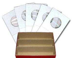 1.5x1.5 Cardboard Coin Holders for Nickels, 21.2mm or .835" with Triple Row Red Storage Box